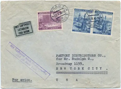 Böhmen & Mähren 1940 Flugpostbrief Clipper Prag New York USA OKW Zensur / 1538