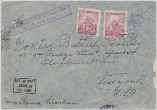 Böhmen & Mähren 1941 Flugpostbrief Clipper Böhmisch Skalitz USA OKW Zensur/ 1539