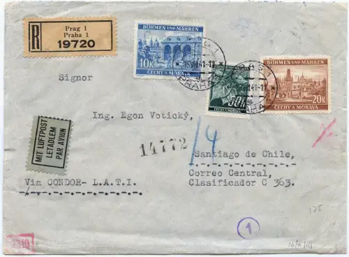LATI 1941 Böhmen & Mähren Reko Prag MiF 38,50 K Santiago de Chile Zensur / 1540