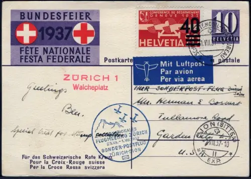 Schweiz 1937 Zürich Sion Flugmeeting Bundesfeier-Postkarte Garden City USA / 573