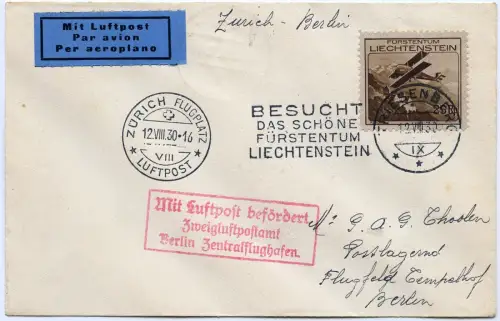 Liechtenstein 1930 Flugpost-Brief 110 Triesenberg Zürich Berlin Ersttag FDC/1453