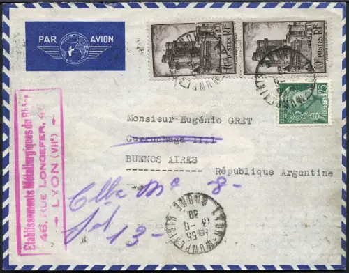 Katapult Frankreich 1939 Brief 20,25 Fr Lyon Marseille Buenos Aires Catapult/511