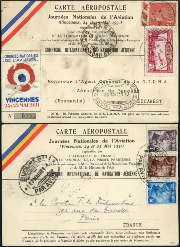 Frankreich France 1931 Journee Nat. De L`Aviation Rundflug Paris Rumänien / 31