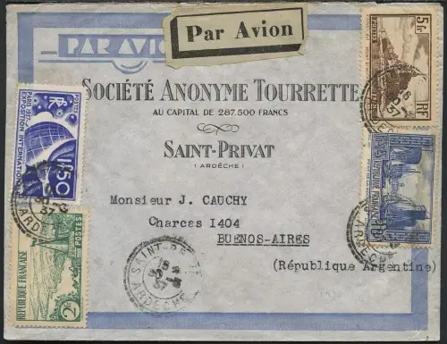 Katapult Frankreich 1937 Brief 18,50 Fr Saint-Remeze Buenos Aires Catapult / 436