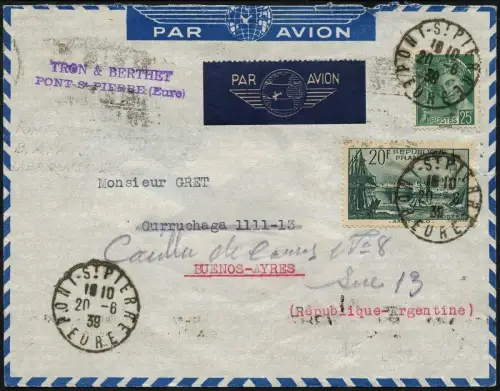 Katapult Frankreich 1939 Brief MiF Pont St. Pierre Buenos Aires Catapult / 511