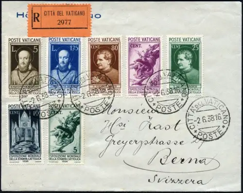 Vatikan 1938 Reko-Brief Katholische Presse ex 51-58 Bern Schweiz / 895