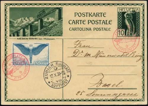 Zeppelin 1930 Schweiz Zeppelinpost Ganzsache ZuF Basel Zürich Si 95 / 2114