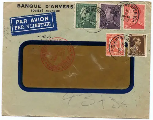 Katapult 1937 Belgien Bank-Brief Antwerpen Santiago de Chile Catapult H 541/1233