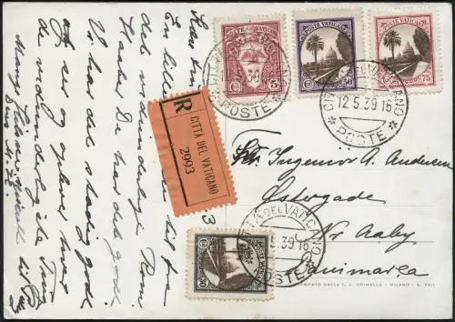 Vatikan 1939 Reko-Ansichtskarte Petersdom Mischfrankatur Dänemark / 898