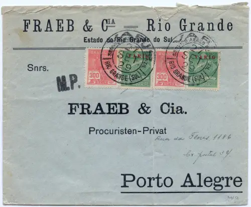 VARIG 1929 Brasilien Brief mit V 1 IV 2x MiF Rio Grande Porto Alegre / 1542