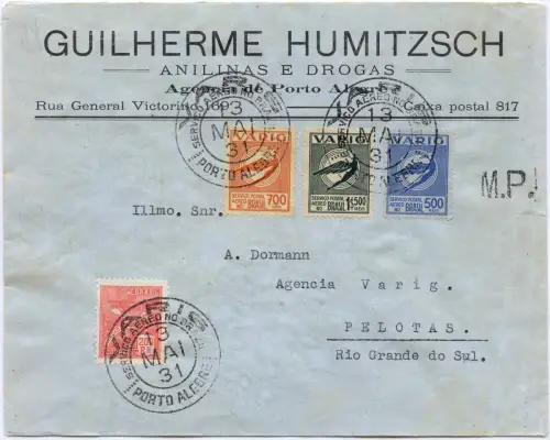 VARIG 1931 Brasilien Firmen-Brief mit V16-17+V 21 MiF Porto Alegre Pelotas /1544
