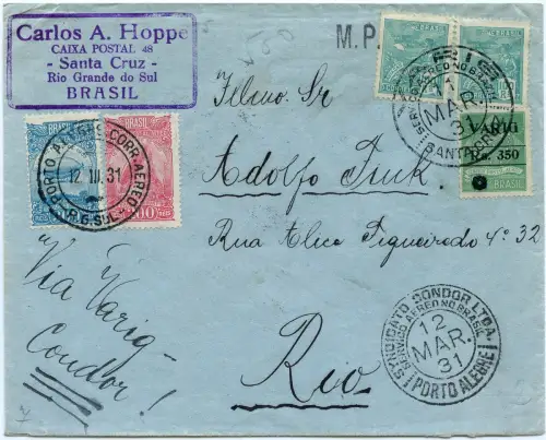 VARIG 1931 Brasilien Brief MiF V6 Santa Cruz Porto Alegre Rio de Janeiro / 1546