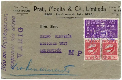 VARIG 1932 Brasilien Brief MiF Bage Livramento Montevideo Uruguay / 1547