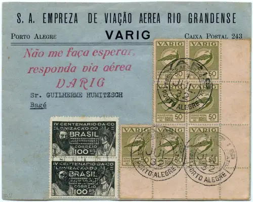 VARIG 1932 Brasilien Firmen-Brief der VARIG mit MiF V 26 Porto Alegre Bage/ 1554