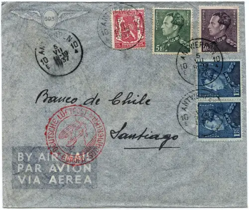 Katapult 1937 Belgien Brief Antwerpen Santiago de Chile Catapult H 557 / 1235