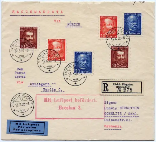 Schweiz 1932 Reko-Brief Flugpost Dübendorf Flugplatz Görlitz Deutschland / 1240