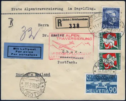 Schweiz 1933 Segelflugpost 1.Alpenüberquerung Mailand Chur Reko-Brief / 569