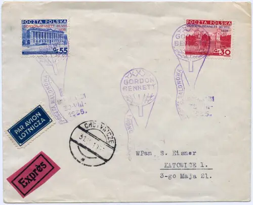 Polen 1936 Express-Brief Gordon-Bennett Internationales Ballonrennen / 9169