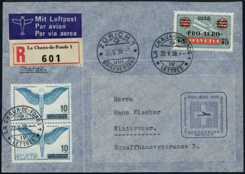 Schweiz 1938 Pro Aero Sonderflug Swissair La Chaux-de-Fonds Reko-Brief / 578
