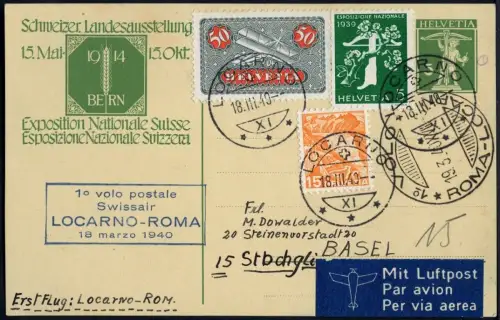 Schweiz 1939 Erstflug Locarno Rom Ganzsache Landesausstellung ZuF Basel / 582