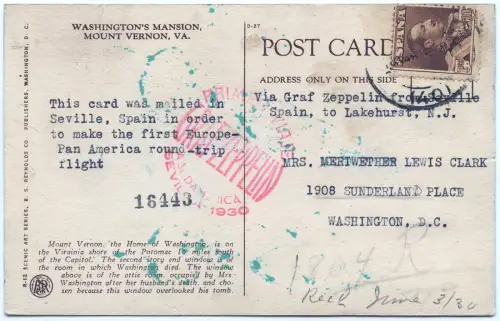 Zeppelin 1930 Spanien Südamerikafahrt AK Sevilla Lakehurst Si 58 B / 2595