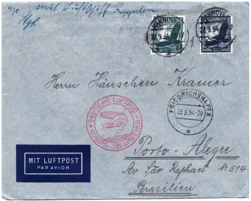Zeppelin 1934 Dt. Reich 9. SAF Brief Hannover Porto Alegre Si 277 Aa / 2599
