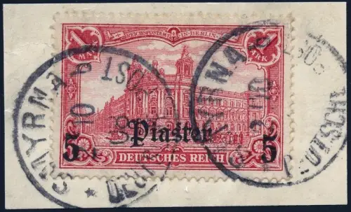DP Türkei 1907 Michel 44 Briefstück Luxus ° Smyrna Geprüft Hollmann BPP / 60