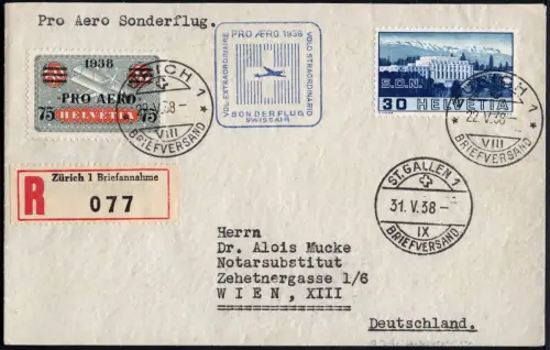 Schweiz 1938 Pro Aero Sonderflug Swissair Zürich St. Gallen Wien Reko-Brief/ 577