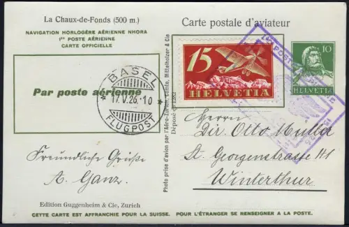 Schweiz 1926 Erstflug La Chaux-de-Fonds Bale Ganzsache Basel Winterthur / 546