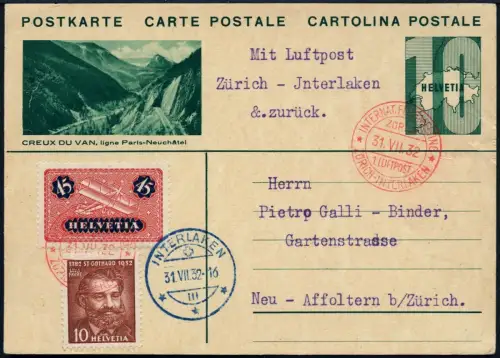 Schweiz 1932 Erstflug Zürich Interlaken Neu-Affoltern Bild-Postkarte / 564