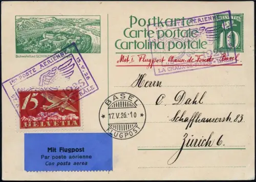 Schweiz 1926 Erstflug La Chaux-de-Fonds Bale Ganzsache Basel Zürich / 549