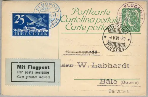 Schweiz 1924 Ganzsache mit ZuF SST Flugpost Erstflug Laufen - Zürich / 81