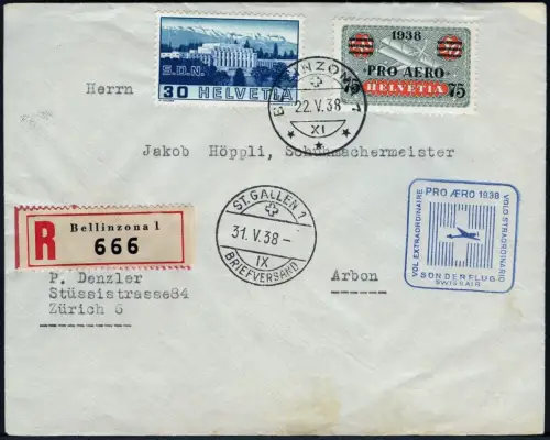 Schweiz 1938 Pro Aero Sonderflug Swissair Bellinzona Arbon Reko-Brief / 574