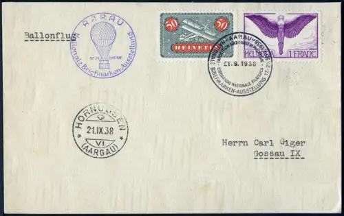 Schweiz 1938 Ballonpost Aarau Briefmarkenausstellung Hornussen Gossau / 575