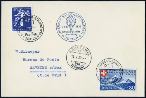 Schweiz 1939 Ballonpost Zürich Landesausstellung Bäretswil Arveyes Karte / 576