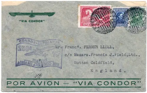 Katapult 1937 Uruguay 250. Flug Brief MiF mit GB England H 548 d Catapult / 1559
