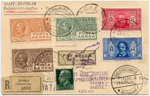 Zeppelin 1932 Italien 5. SAF Reko-Karte Rom Marseille F`hafen Recife Si 171/2501