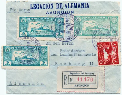 Air France 1935 Paraguay Asuncion Dt. Gesandtschaft Reko-Brief Hamburg / 1566