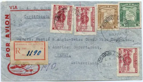 Katapult 1937 Bolivien Oruro Vevey Schweiz Reko-Brief H 596 Catapult / 1571