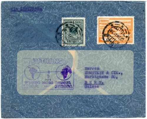 Katapult 1938 Peru Erstflug aus Lima Bern Schweiz Brief H 648 f Catapult / 1572