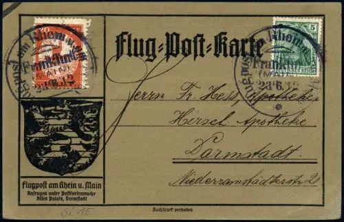 Dt. Reich 1912 Flugpost Rhein Main Michel VI EELP Postkarte Si 15 Fotoattest BPP