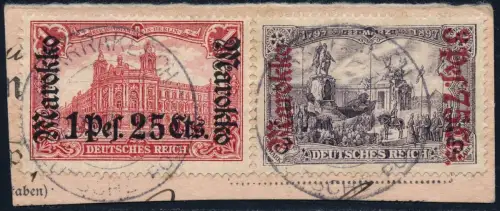 DP Marokko 1912 Michel 55 + 57 ° Marrakesch Type 3 Kabinett Briefstück BPP / 115
