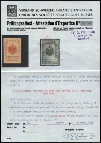 DOA 1916 WUGA V 1 Rupie mit Fotoattest Dr. Fulpius Ungebraucht M€ 1700 / 261