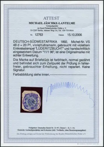 DSWA 1896 Vorläufer VS 48d Briefstück Lüderitzbucht Violett handschriftlich / 79