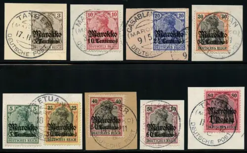 DP Marokko 1911 Michel 46-54 Briefstücke Luxus u. a. Tetuan meist geprüft / 59