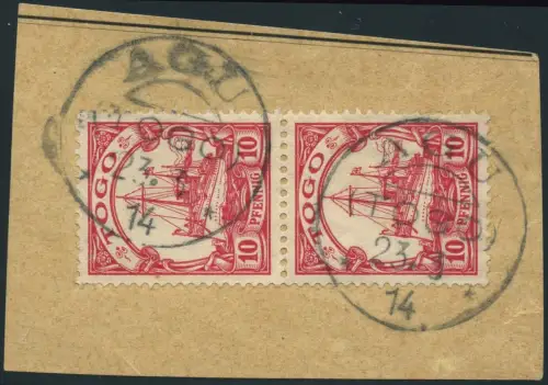Togo 1914 Michel 22 Paar Kaiseryacht ° Agu 23/3/14 Briefstück Befund BPP / 55