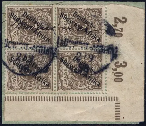DSWA 1898 Michel 1 a Block/4 Eckrand ° Khanrivier 2/9/98 Luxus Briefstück / 195