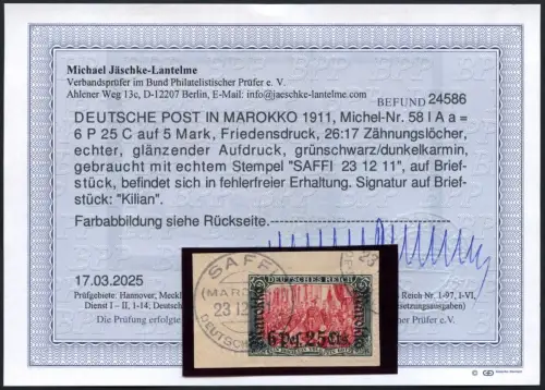 DP Marokko 1911 Michel 58 I Aa ° Saffi 23/12/11 Briefstück Luxus Befund BPP/ 61
