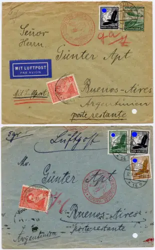Katapult 1937 Dt. Reich Berlin (2) Briefe Taxe Argentinien Catapult / 1582