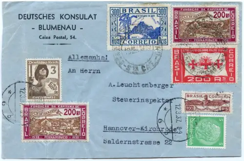 Katapult 1937 Dt. Reich MiF Brasilien Blumenau Hannover Brief Catapult / 1583